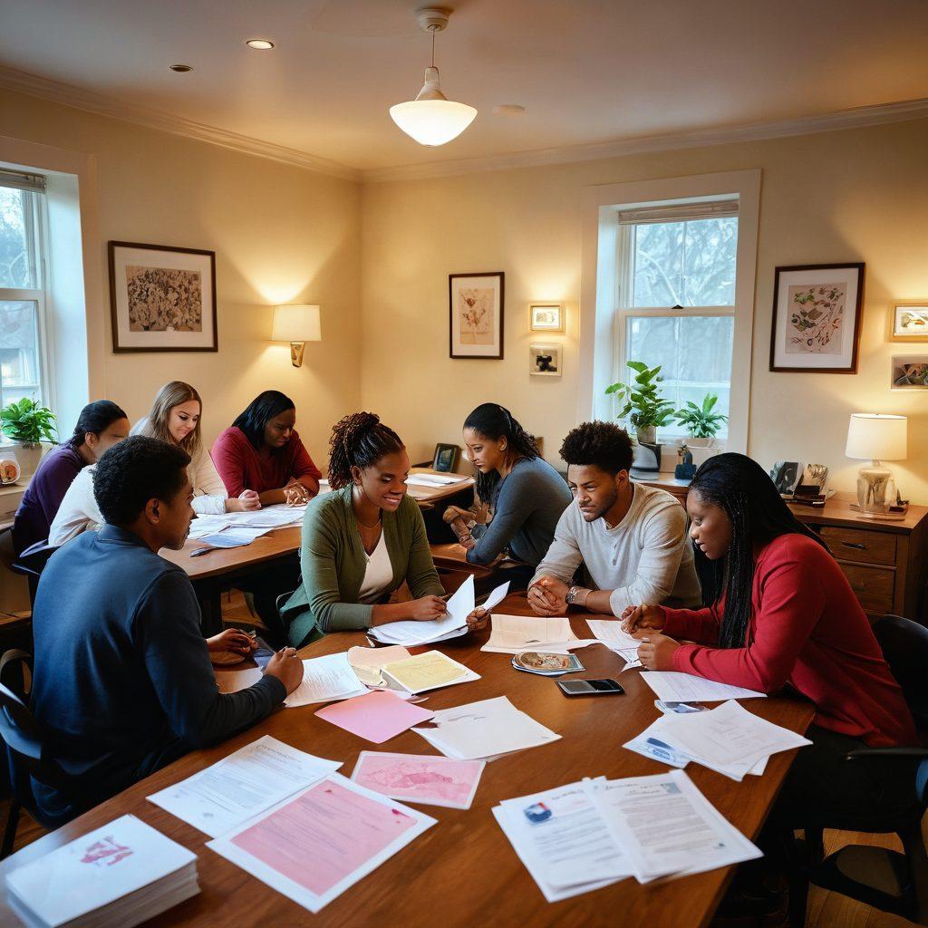 A heartwarming scene depicting a diverse group of people coming together, sharing experiences of compassion and love in a cozy office space, surrounded by insurance paperwork and symbols of protection like shields and hearts. Bright, uplifting colors to evoke a sense of safety and warmth, with soft lighting that highlights the emotional connections between the individuals. super-realistic. vibrant colors. cozy atmosphere.