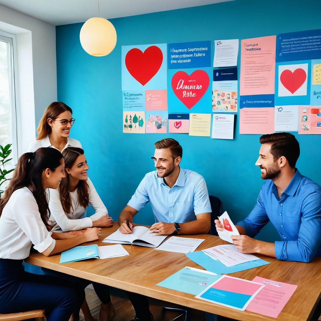 A warm and inviting scene depicting a diverse group of people happily discussing insurance options in a cozy office, with heart motifs subtly integrated into the decor. Include a large heart-shaped visual on a soft blue wall symbolizing personalized connections. Show an array of insurance brochures on a wooden table, and a friendly agent guiding them. soft pastel colors. 3D. vibrant.
