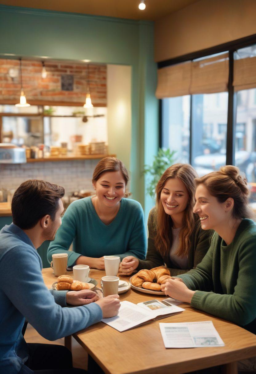 A warm and inviting scene depicting a diverse group of people connecting over insurance plans, showcasing smiles and compassion. Visual elements include an open insurance brochure with friendly illustrations, surrounded by comforting elements like a cozy coffee shop setting or a park. Incorporate soft, soothing colors to evoke a sense of care and trust. super-realistic. vibrant colors. 3D.